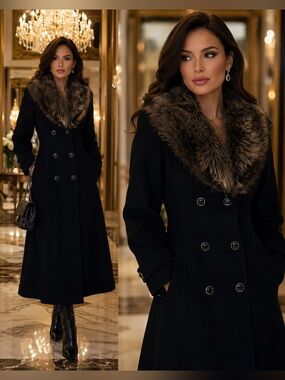 Luba by Niccolini Vintage Black double breasted wool Fur Collar dress coat